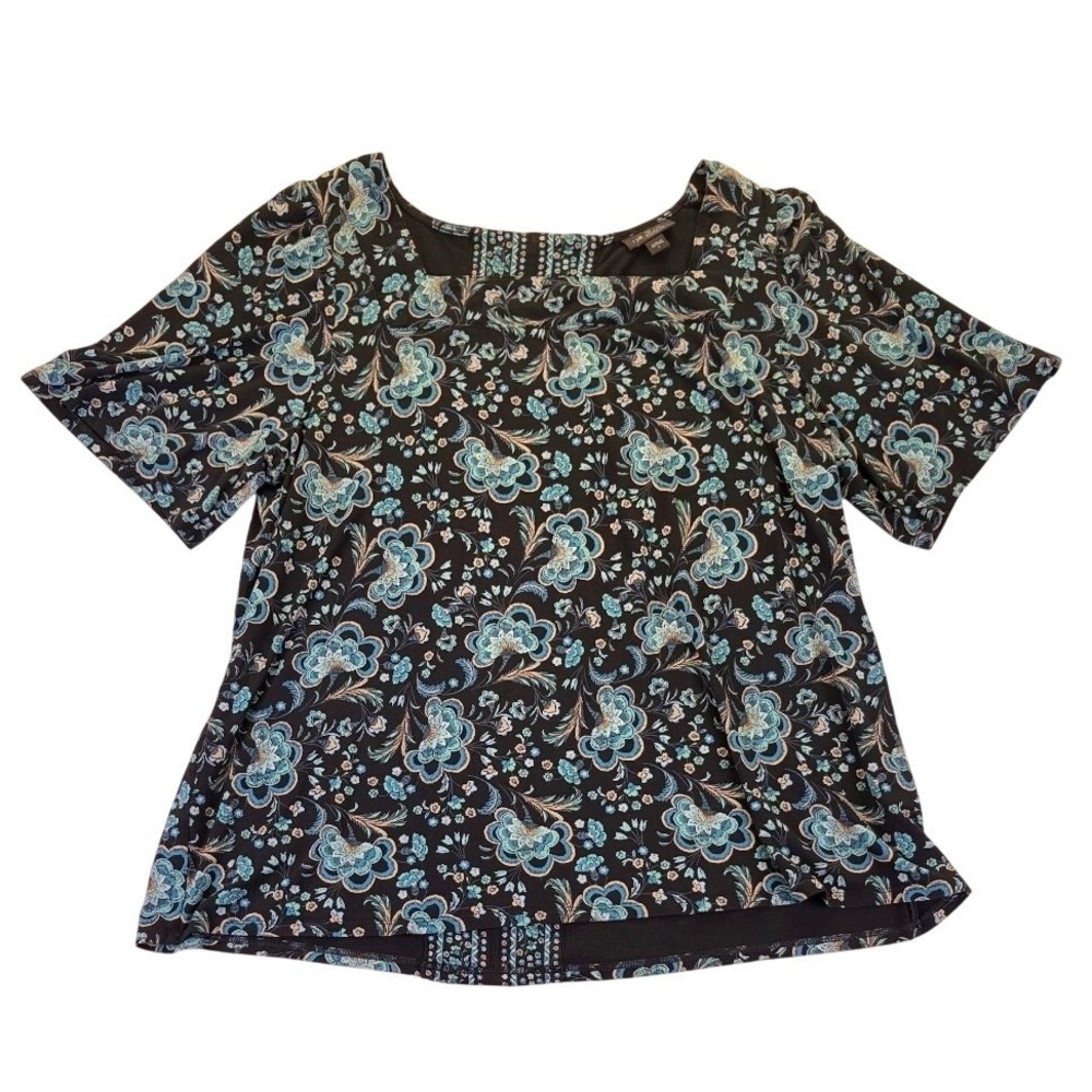 J.Jill Wearever Floral Paisley Square Neck Button Back Top Size L Boho Office